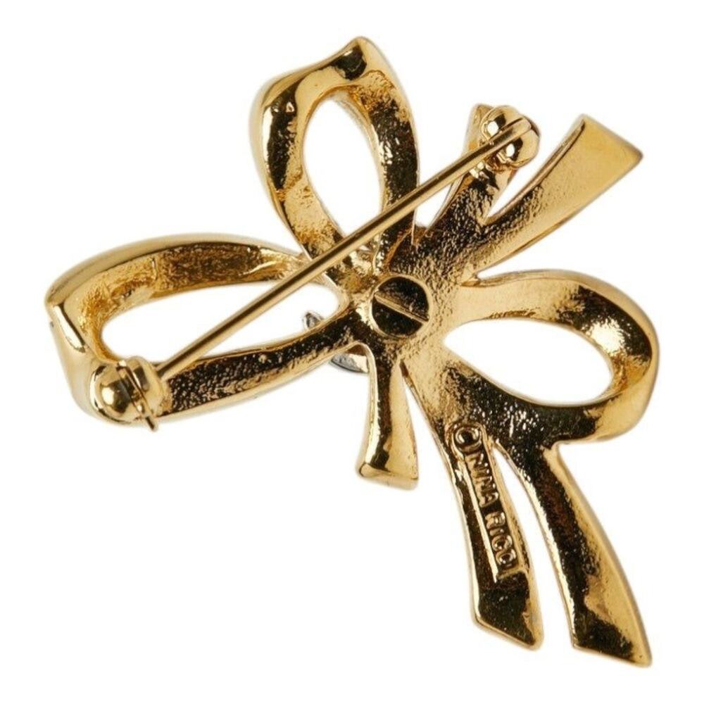 Nina Ricci Ribbon Rhinestone Brooch Gold Plated - Picture 2 of 3